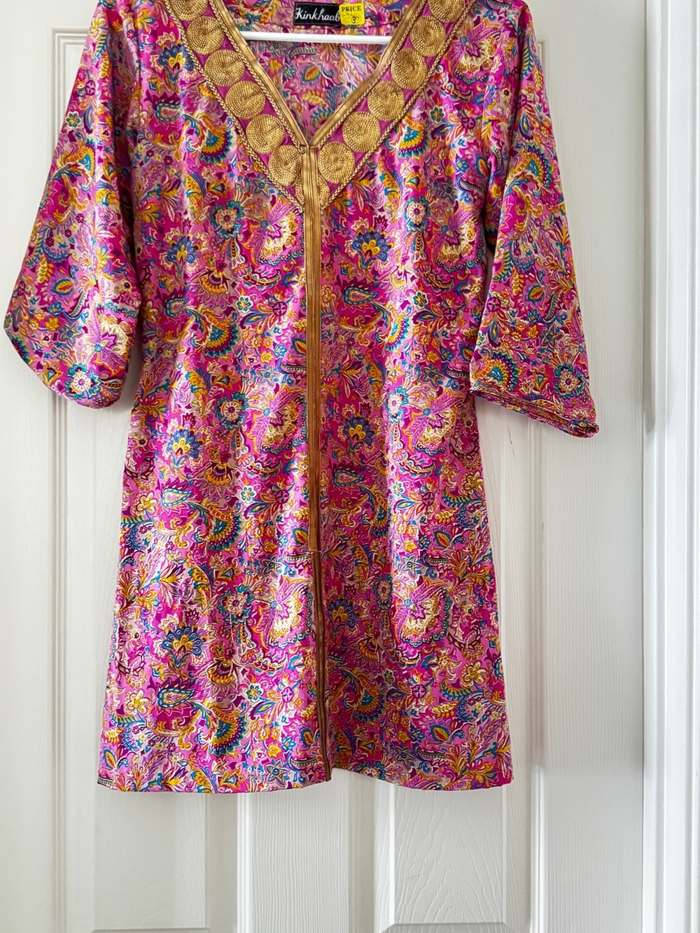Crepe silk Pink Paisley Tunic with Gold Trim and embroidered neck line